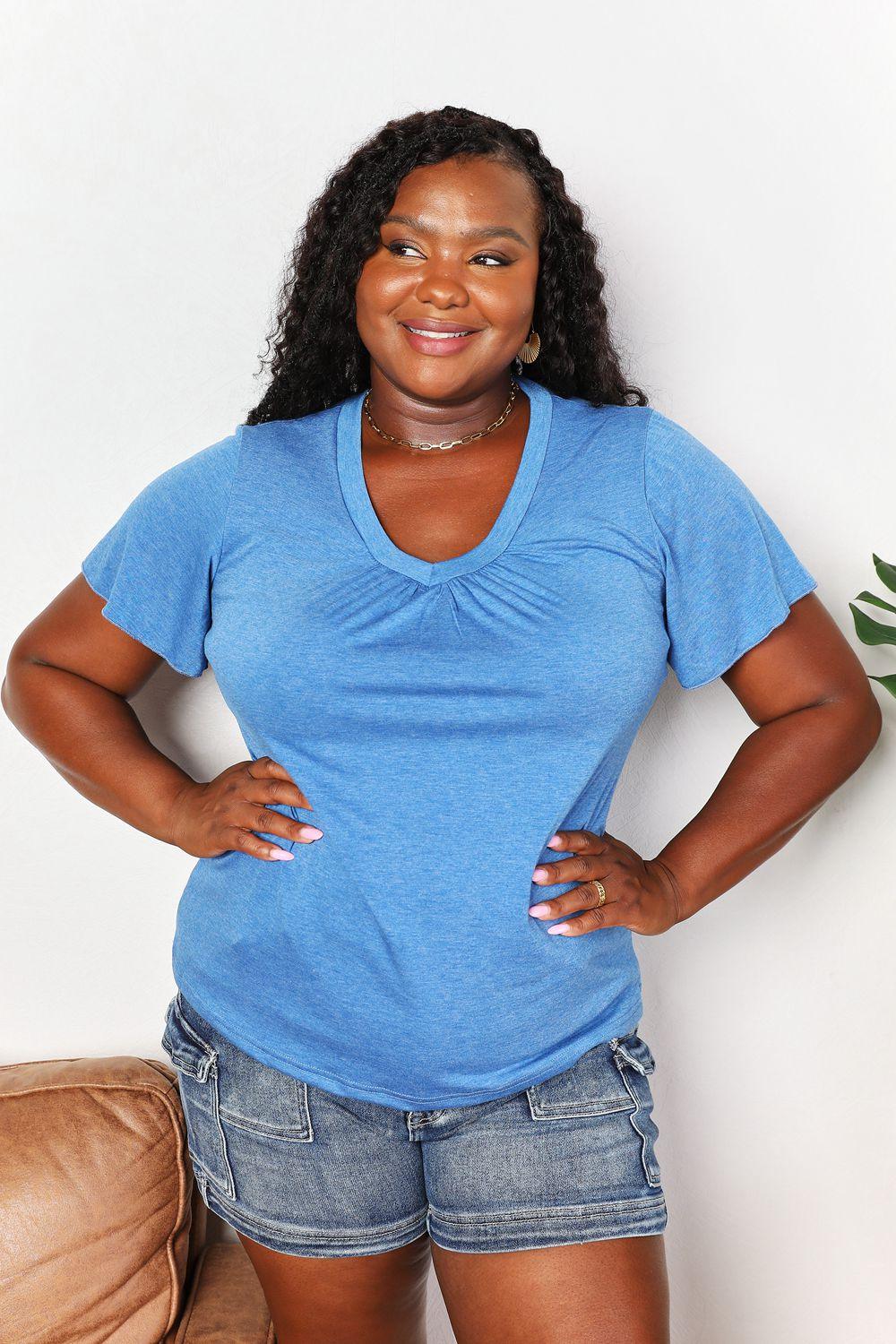 Double Take Ruched V-Neck Short Sleeve T-Shirt - Leo’s Look Your Best