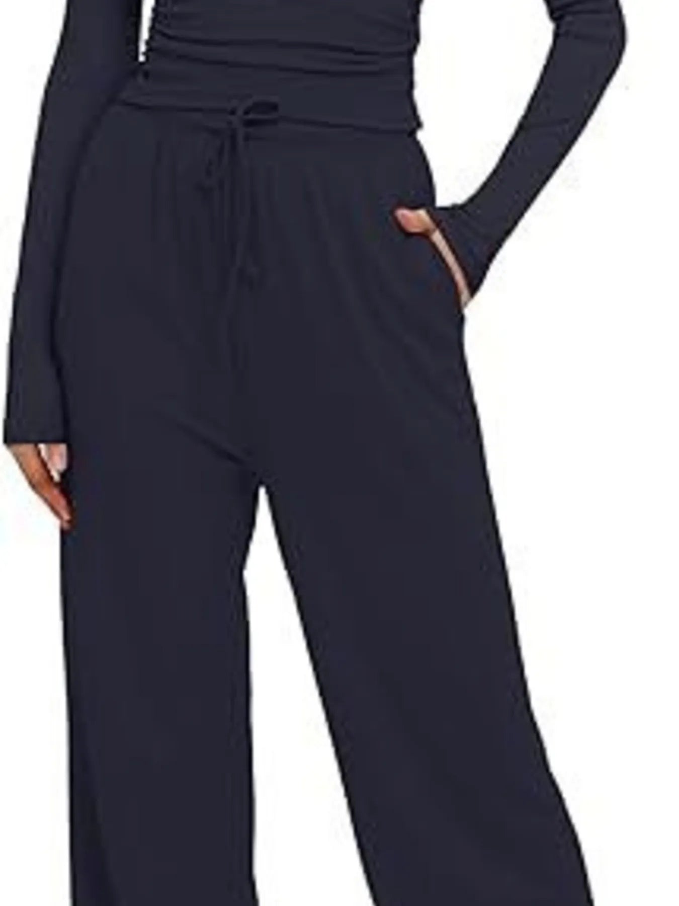 Navy blue long-sleeve top and wide-leg pants on a white background