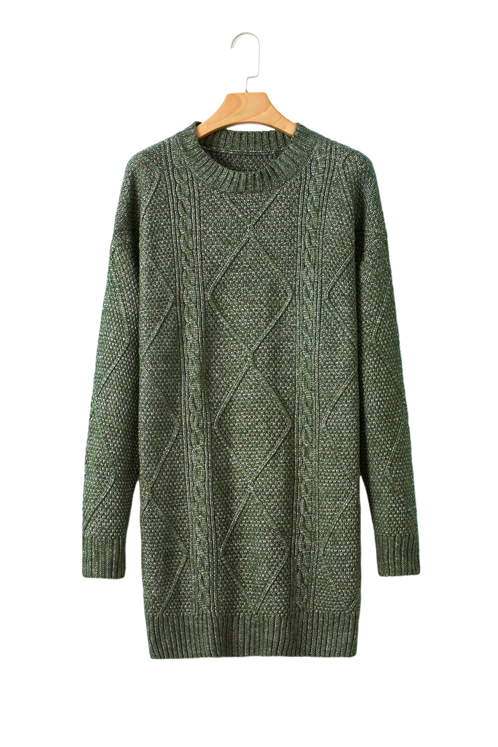 Green cable knit sweater on a wooden hanger against a white background