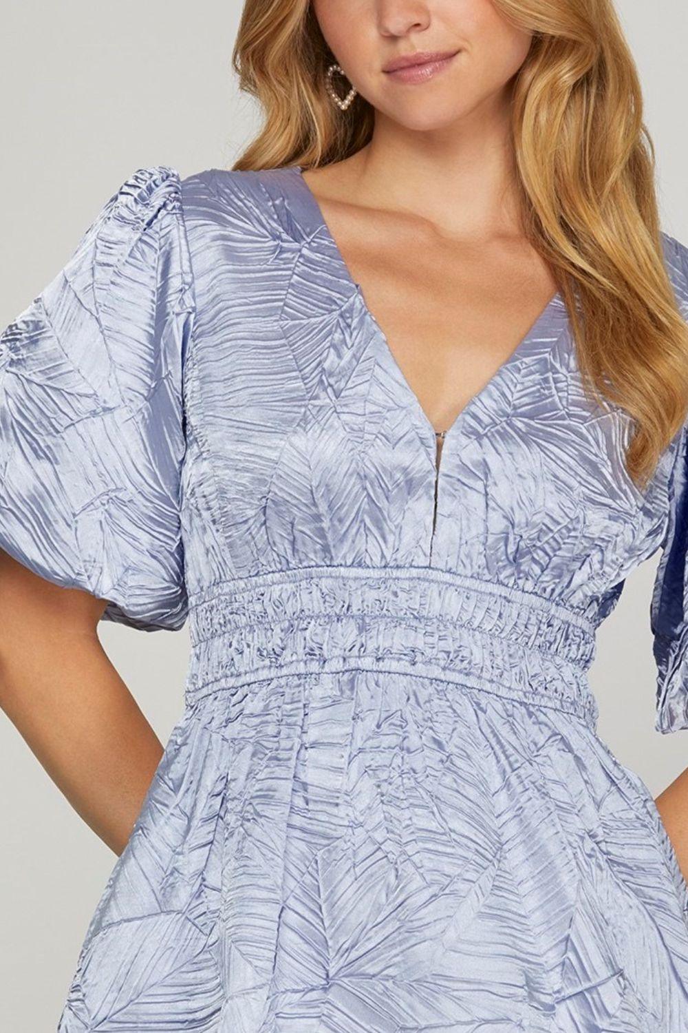 She + Sky Crinkle Woven V-Neck Balloon Sleeve Mini Dress - Leo’s Look Your Best