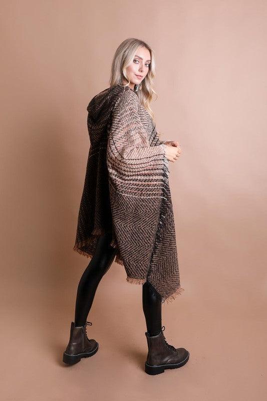 Herringbone Tweed Hooded Frayed Edge Poncho - Leo’s Look Your Best
