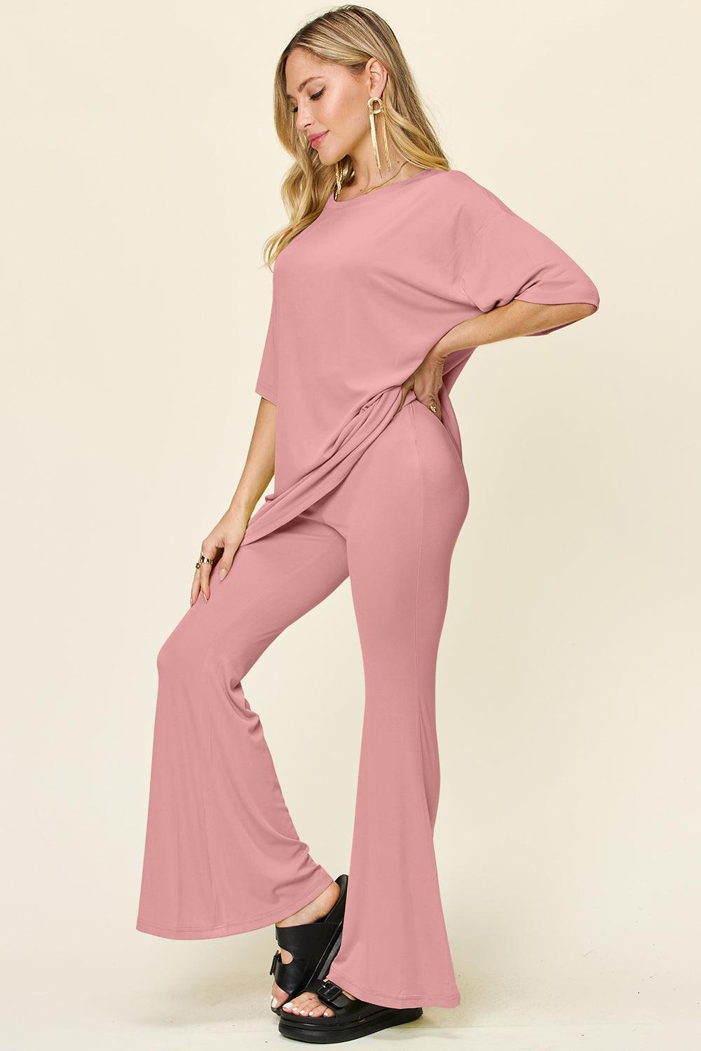 Double Take Full Size Round Neck Drop Shoulder T-Shirt and Flare Pants Set - Leo’s Look Your Best