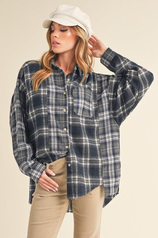 Aemi + Co Frayed Hem Plaid Button Up Flannel Shirt - Leo’s Look Your Best