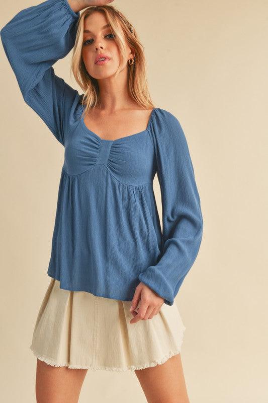 Aemi + Co Ruched Sweetheart Neck Balloon Sleeve Blouse - Leo’s Look Your Best