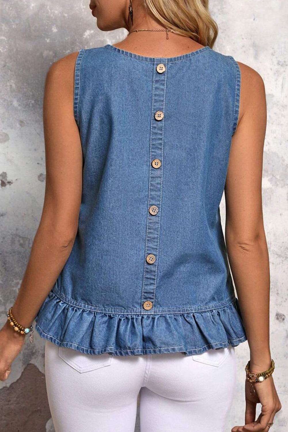 Ruffled Hem Button Back Sleeveless Denim Top - Leo’s Look Your Best