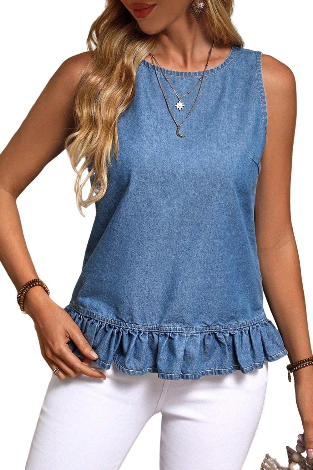 Ruffled Hem Button Back Sleeveless Denim Top - Leo’s Look Your Best