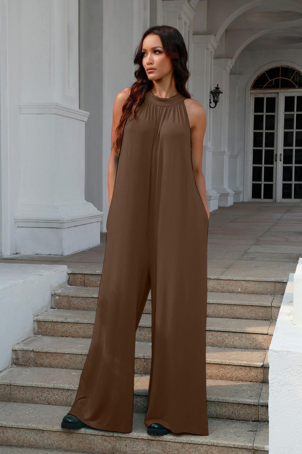 Double Take Full Size Tie Back Cutout Sleeveless Jumpsuit - Leo’s Look Your Best