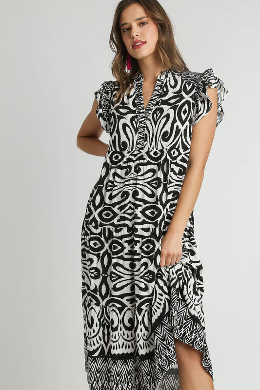 Umgee Full Size Two Tone Border Print Ruffle Cap Sleeve Midi Dress Plus Size - Leo’s Look Your Best