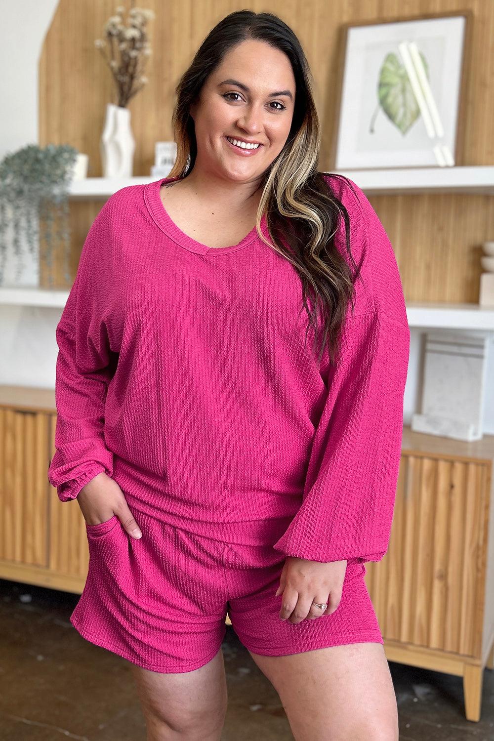 Double Take Full Size Texture V-Neck Long Sleeve T-Shirt and Shorts Set - Leo’s Look Your Best