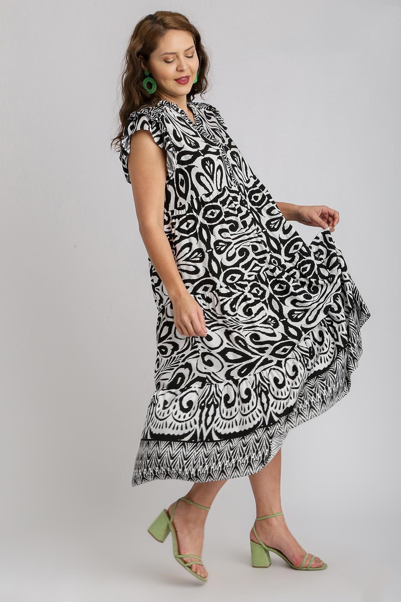 Umgee Full Size Two Tone Border Print Ruffle Cap Sleeve Midi Dress Plus Size - Leo’s Look Your Best