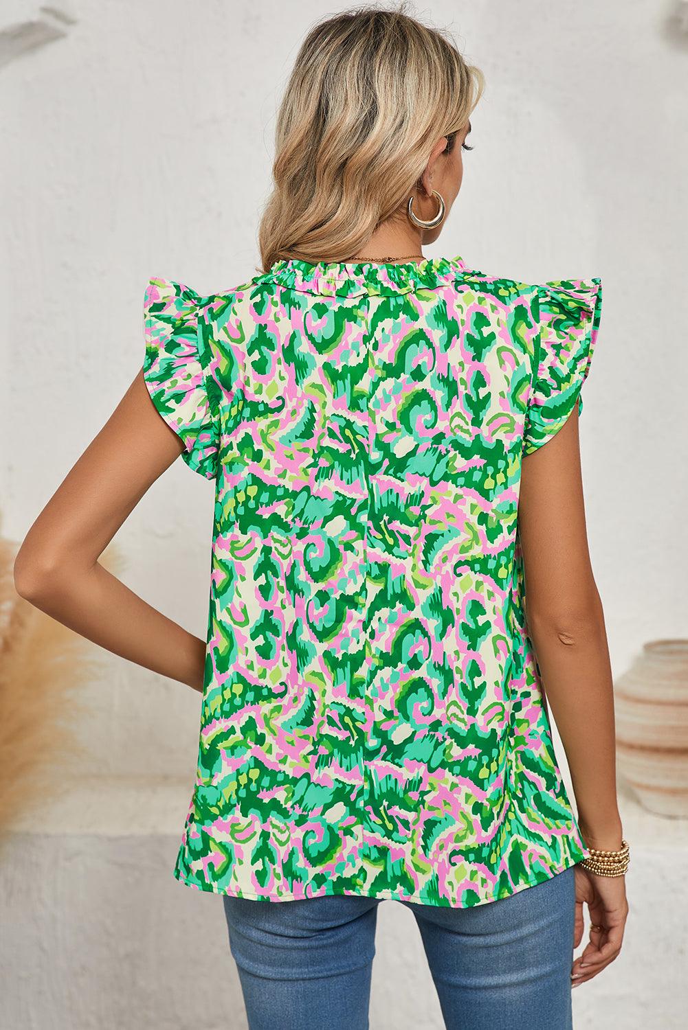 Green Abstract Print Frill Split Neck Ruffle Sleeveless Top - Leo’s Look Your Best