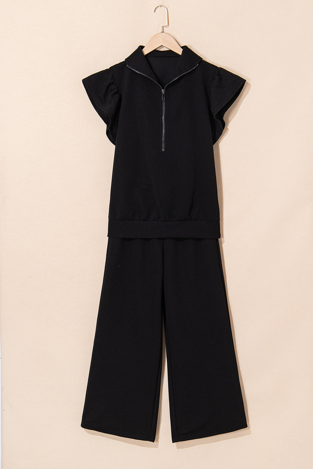 Apricot Textured Ruffle Sleeve Zipped Top and Wide Leg Pants Set