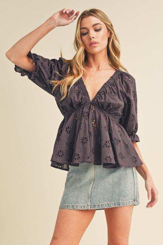 Aemi + Co Eyelet Embroidered V-Neck Half Sleeve Peplum Blouse - Leo’s Look Your Best