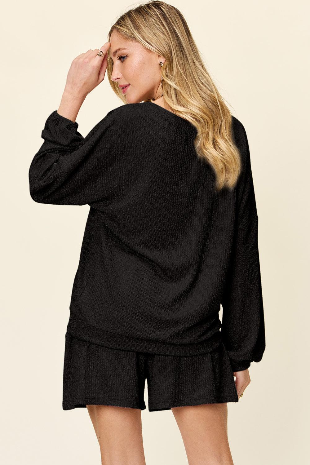 Double Take Full Size Texture V-Neck Long Sleeve T-Shirt and Shorts Set - Leo’s Look Your Best