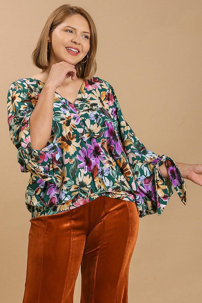 Umgee Full Size Floral V-Neck Tie Sleeve Blouse Plus Size - Leo’s Look Your Best
