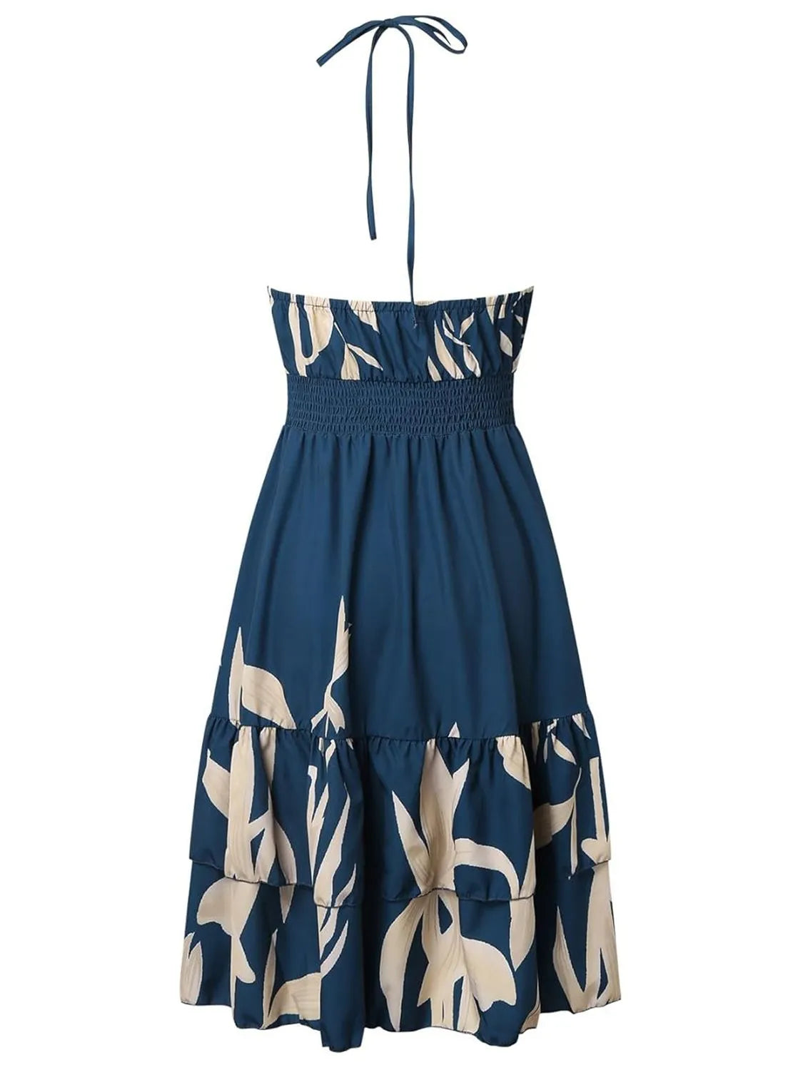 Blue dress with beige floral pattern on a white background