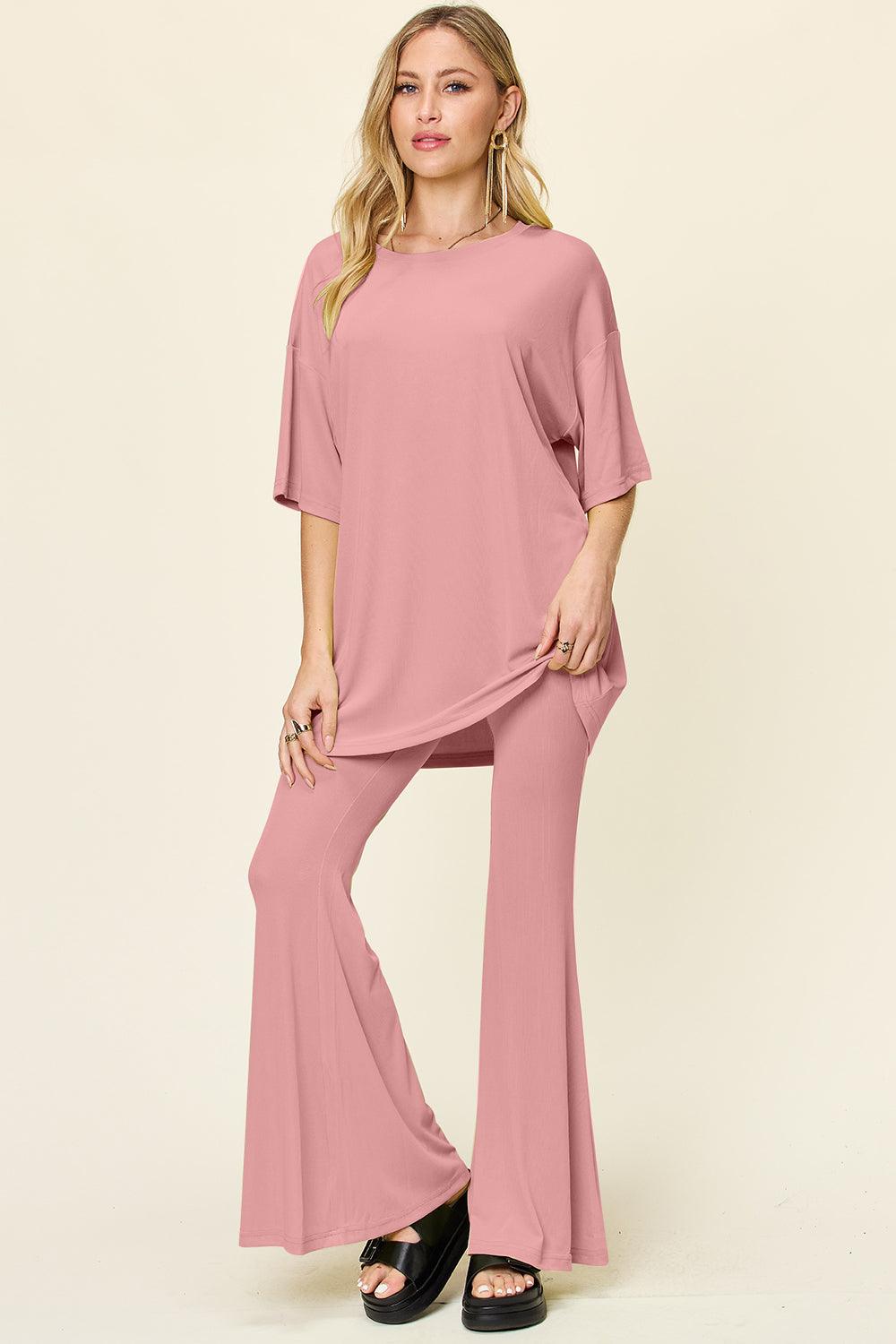 Double Take Full Size Round Neck Drop Shoulder T-Shirt and Flare Pants Set - Leo’s Look Your Best