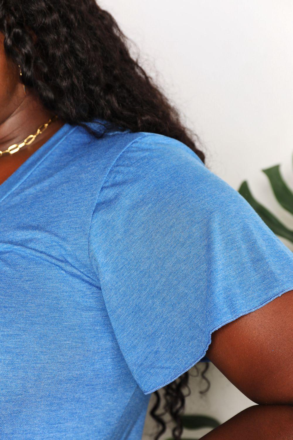 Double Take Ruched V-Neck Short Sleeve T-Shirt - Leo’s Look Your Best