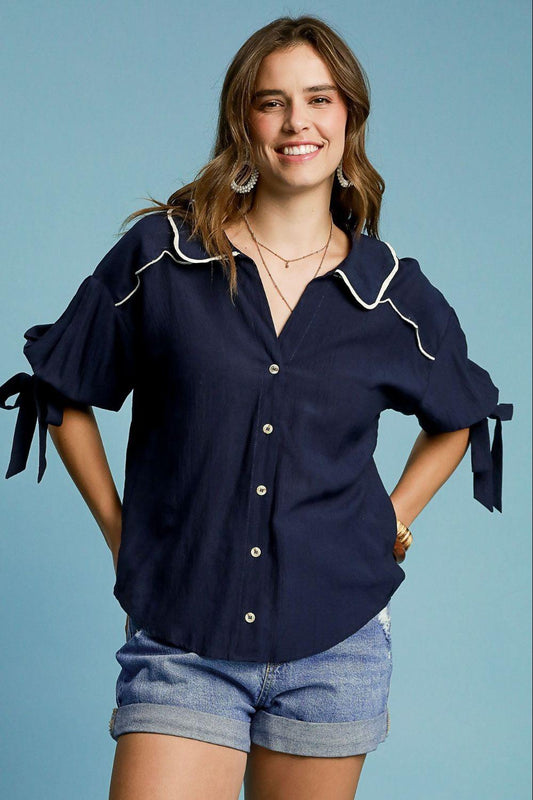 Umgee Full Size Embroidered Detail Button Down Shirt Plus Size - Leo’s Look Your Best
