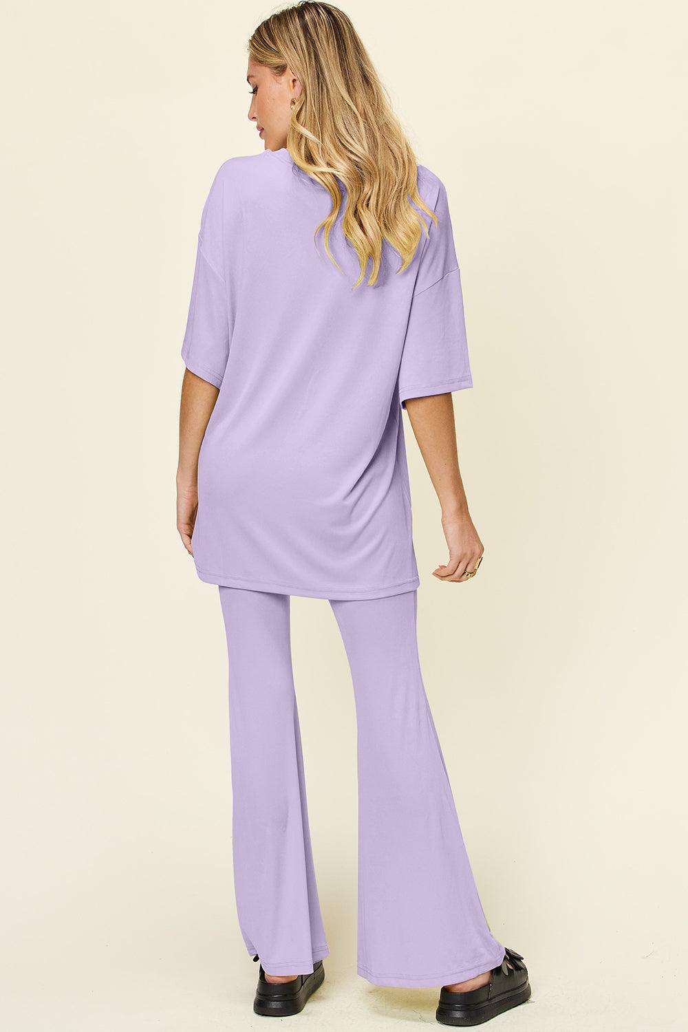 Double Take Full Size Round Neck Drop Shoulder T-Shirt and Flare Pants Set - Leo’s Look Your Best