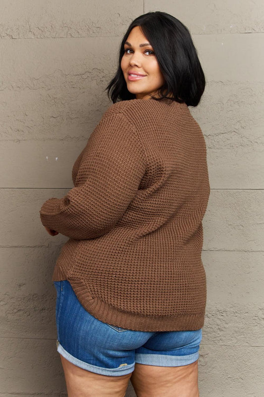Zenana Breezy Days Plus Size High Low Waffle Knit Sweater - Leo’s Look Your Best