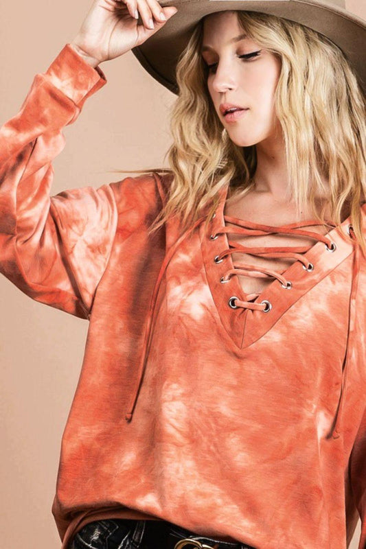 BiBi Lace-Up Tie-Dye French Terry Long Sleeve Top - Leo’s Look Your Best