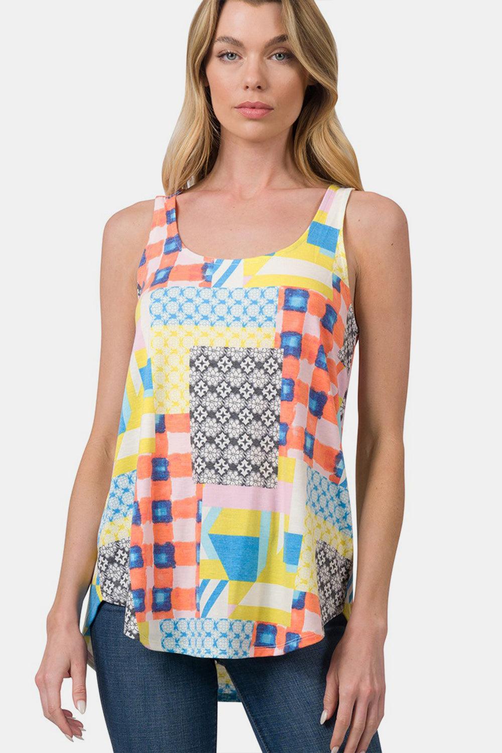 Zenana Printed Round Neck Curved Hem Tank - Leo’s Look Your Best