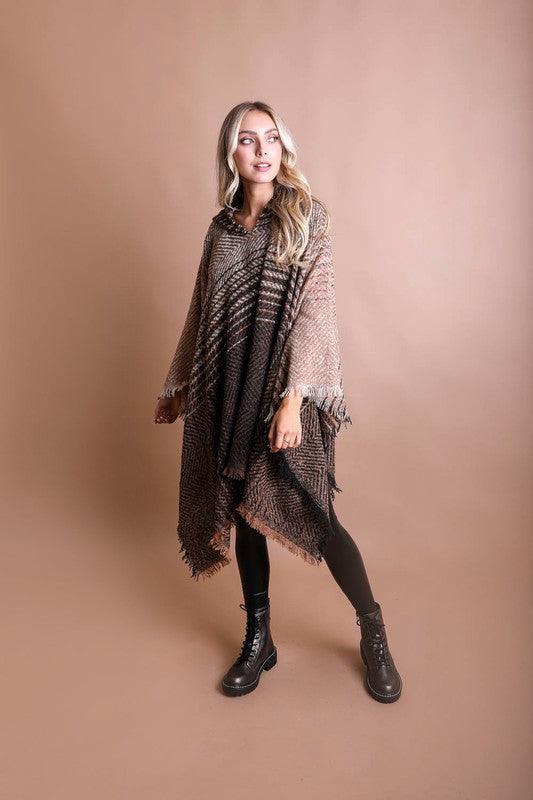 Herringbone Tweed Hooded Frayed Edge Poncho - Leo’s Look Your Best