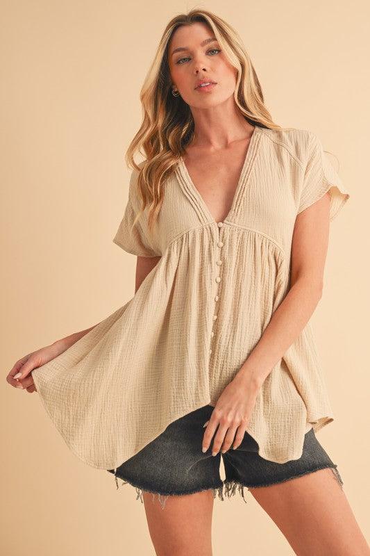 Aemi + Co Tuck Detail V-Neck Short Sleeve Blouse - Leo’s Look Your Best