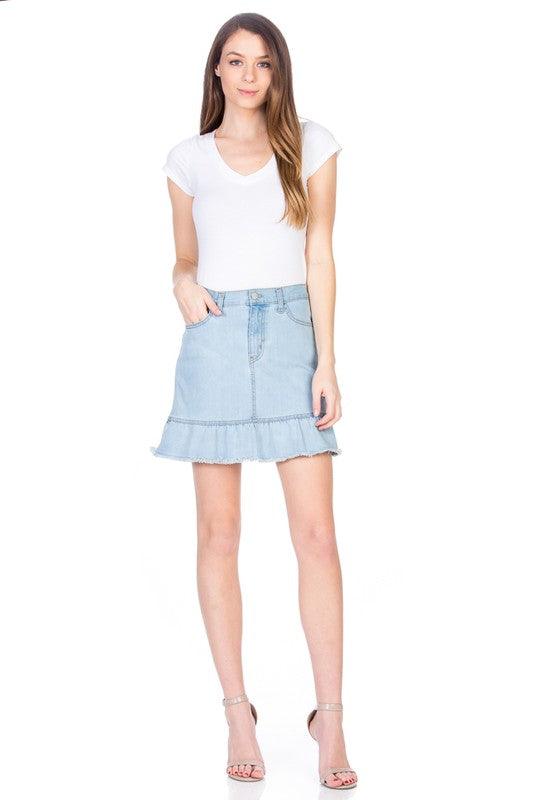 High Waisted A-line Ruffle Hem Denim Skirt - Leo’s Look Your Best
