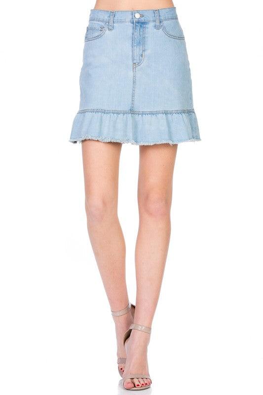 High Waisted A-line Ruffle Hem Denim Skirt - Leo’s Look Your Best