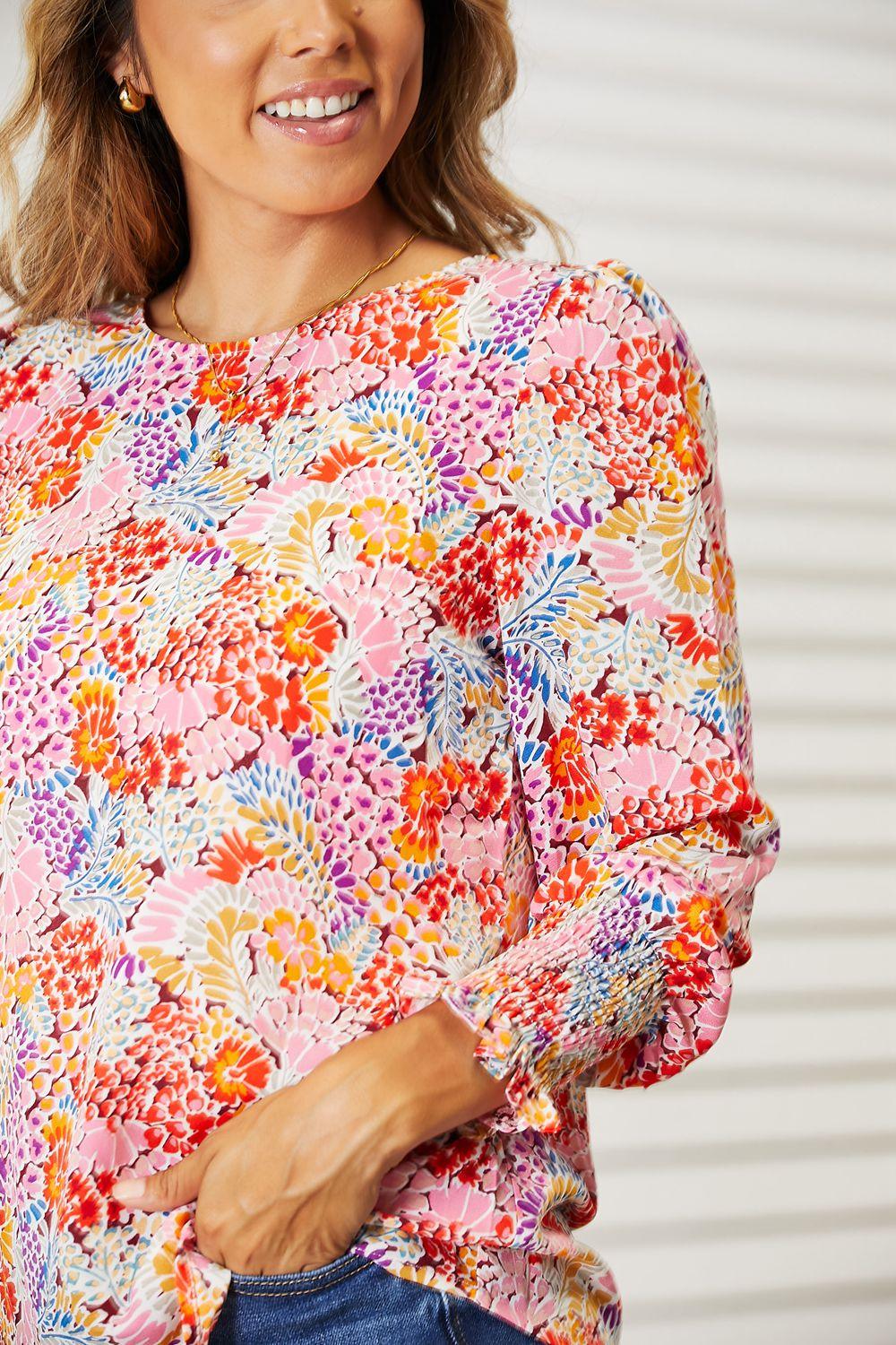 Double Take Floral Print Long Puff Sleeve Blouse - Leo’s Look Your Best