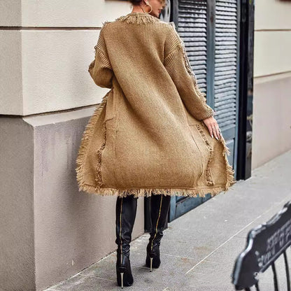 Lapel Tassel Long Knitted Coat