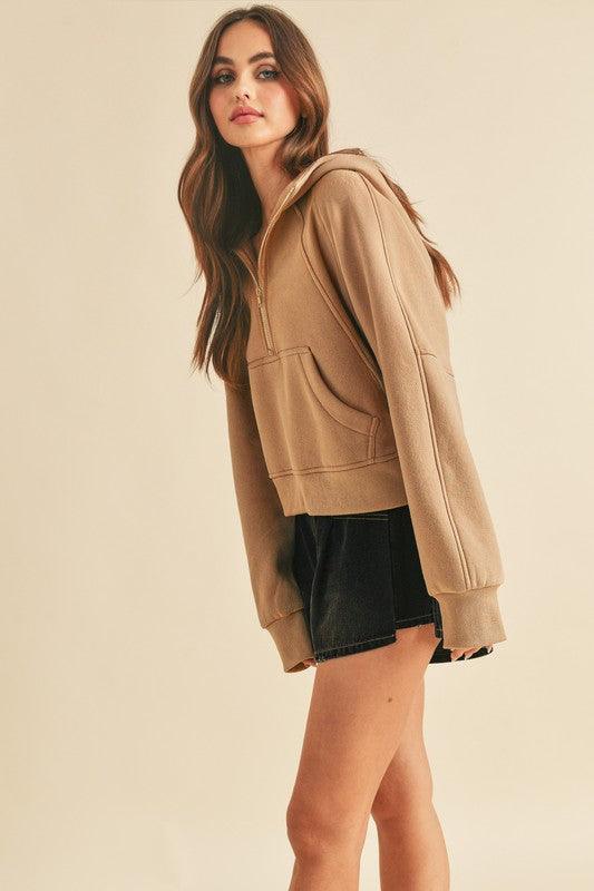 Aemi + Co Half Zip Raglan Sleeve Hoodie with Kangaroo Pocket - Leo’s Look Your Best