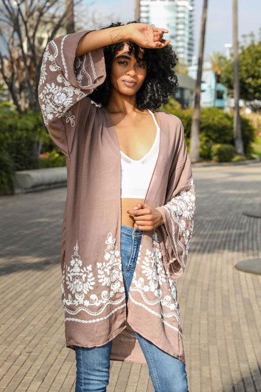 Embroidered Floral Vine Lightweight Kimono - Leo’s Look Your Best