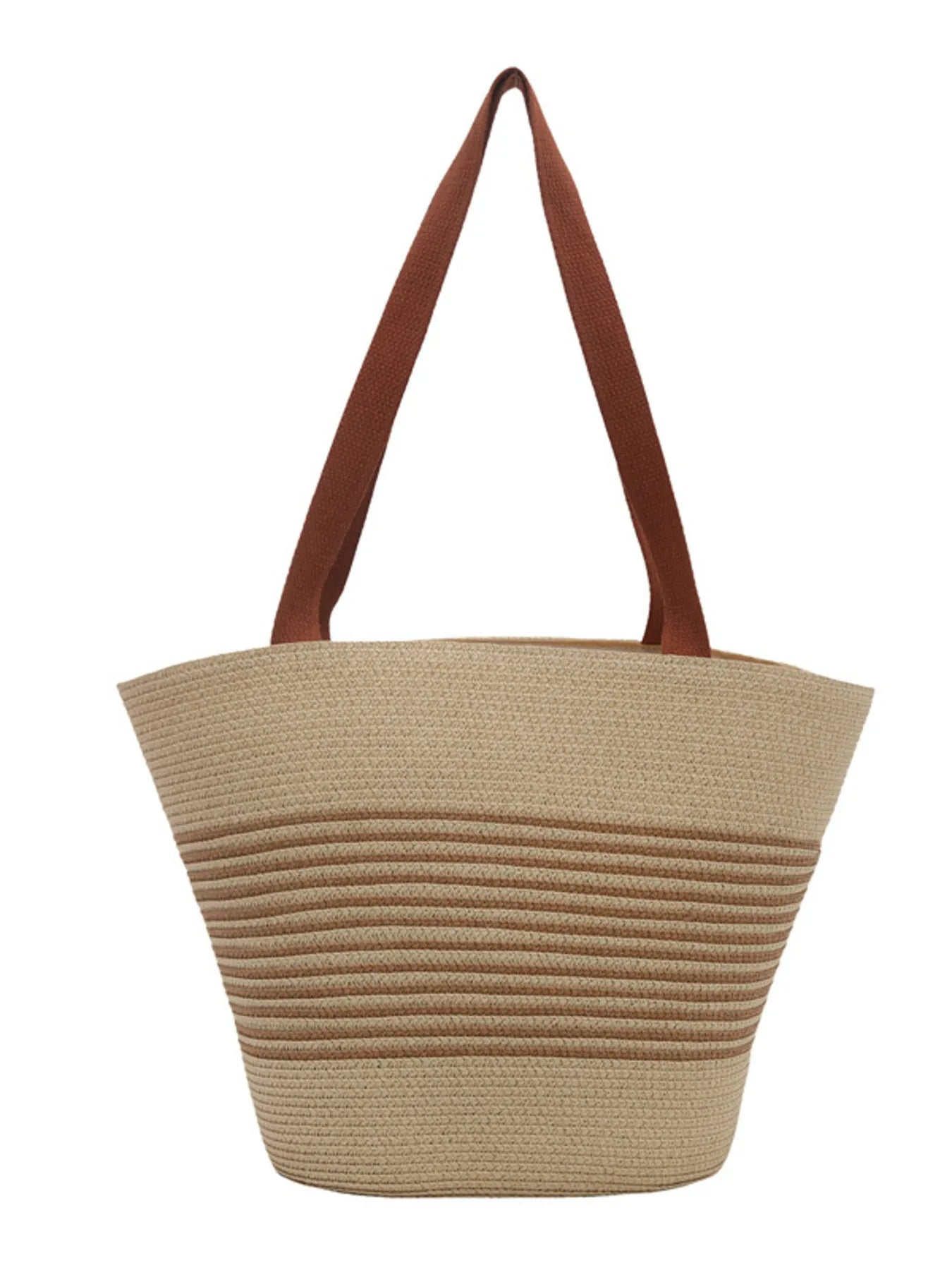 Beige woven tote bag with brown handles on a white background