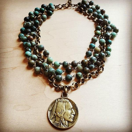African turquoise collar lenght necklace with coin - Leo’s Look Your Best