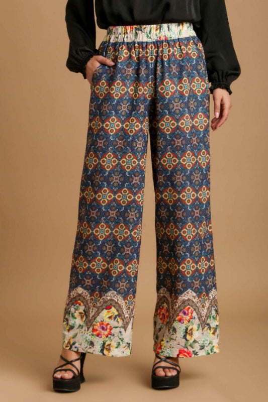 Umgee Full Size Mixed Print Elastic Waistband Pants Plus Size - Leo’s Look Your Best