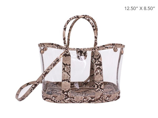 Clear tote bag with snake print accents on a white background