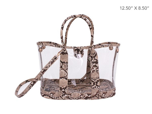 Clear tote bag with snake print accents on a white background
