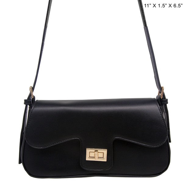 Black handbag with a gold clasp on a white background