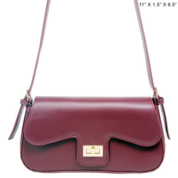 Maroon handbag with gold clasp on a white background