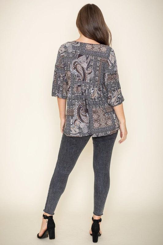 Button Accent Paisley Top - Leo’s Look Your Best