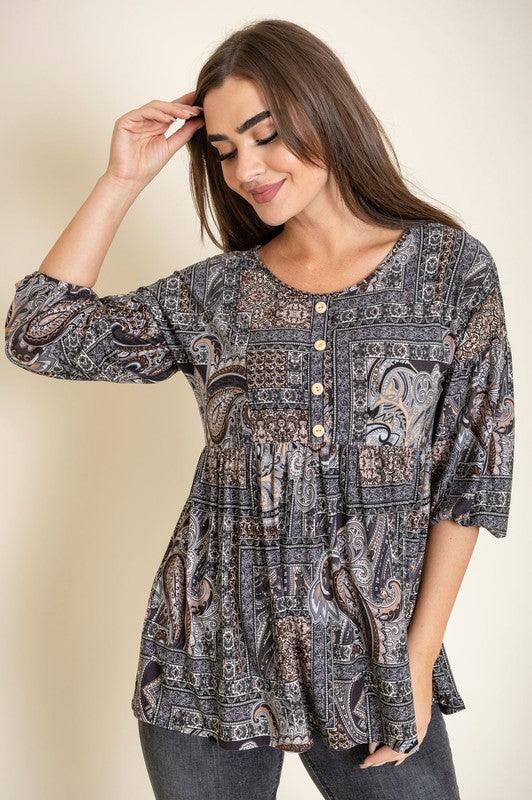 Button Accent Paisley Top - Leo’s Look Your Best