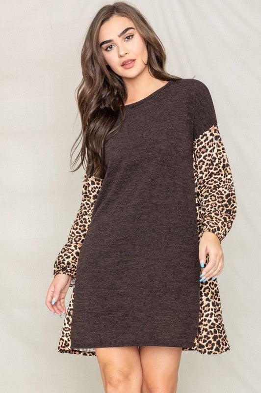 Plus Bishop Sleeve Leopard Print Color Block Dress - Leo’s Look Your Best