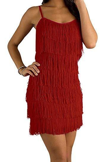 Red fringe dress worn by a person on a white background