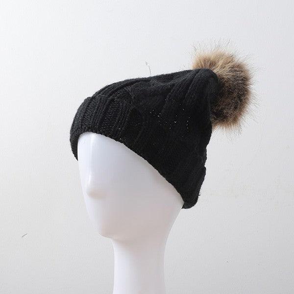 Braided Knitted Fur Pom Beanie - Leo’s Look Your Best 
