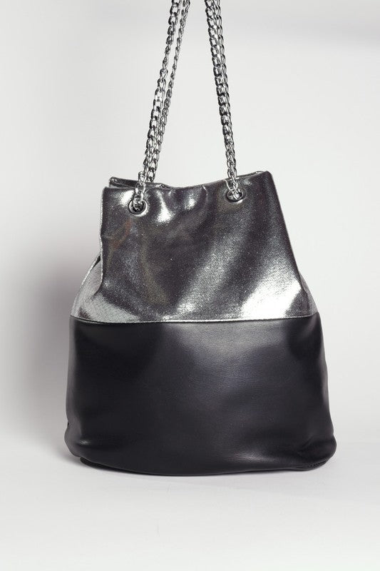 Black and silver handbag with chain strap on a white background