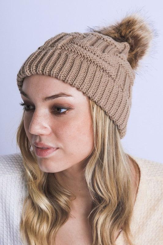 Braided Knitted Fur Pom Beanie - Leo’s Look Your Best 