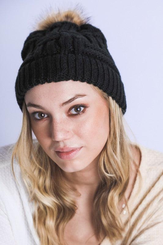 Braided Knitted Fur Pom Beanie - Leo’s Look Your Best 